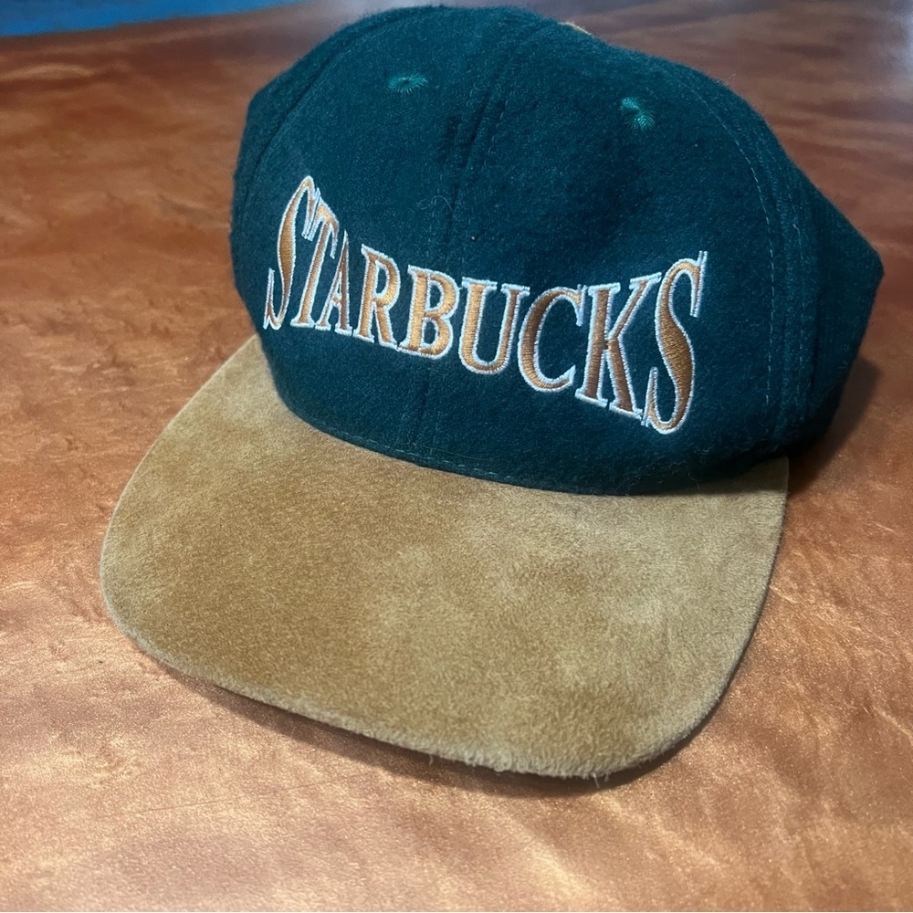 Vintage Starbucks spell out suede and wool Forest Green tan hat Star pacific